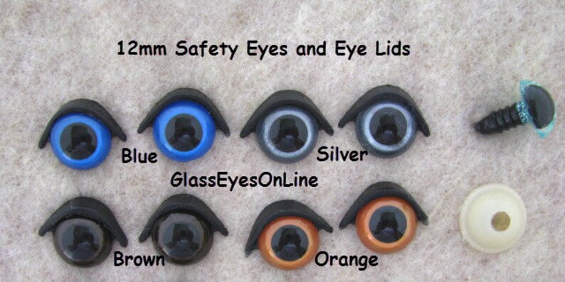 May include: 12mm safety eyes and eye lids in blue, silver, brown, and orange. GlassEyesOnLine.