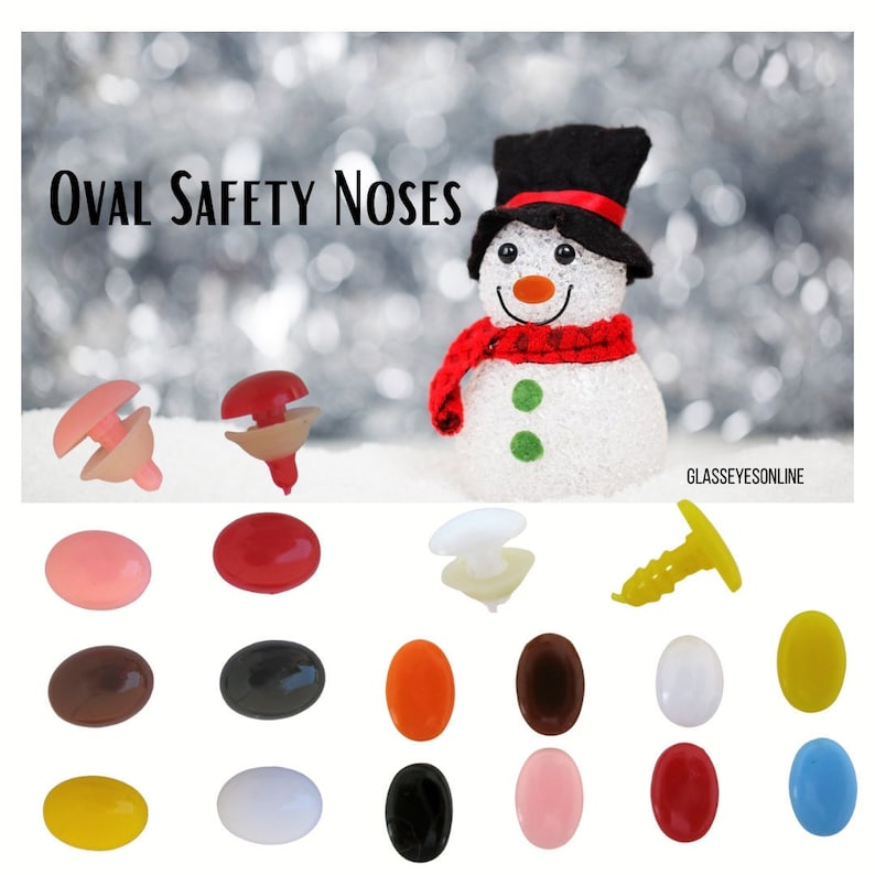 May include: Assortment of oval safety noses in various colors, including pink, red, brown, black, orange, white, yellow, light pink, and blue. The noses are made of plastic and have a flat back with a small hole for attaching to a craft project.  Oval Safety Noses.