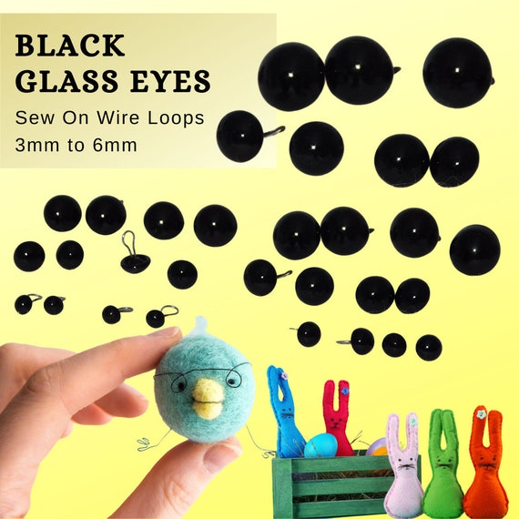12 PAIR 3mm to 6mm Solid Black Glass EYES Wire Loops teddy bears, dolls, polymer clay, needle felting ( LP-201 )