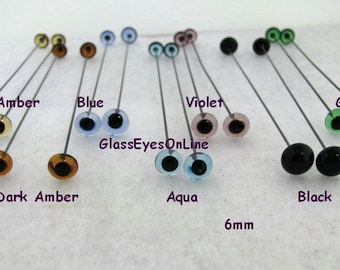 12 PAIR Glass Eyes On Wire 2mm or 3mm or 4mm or 5mm or 6mm or 7mm or 8mm Doll, Teddy Bear, Needle Felting, Polymer Clay, Miniatures (201)