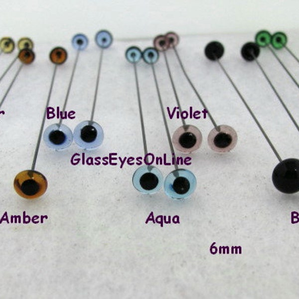 12 PAIR Glass Eyes On Wire 2mm or 3mm or 4mm or 5mm or 6mm or 7mm or 8mm Doll, Teddy Bear, Needle Felting, Polymer Clay, Miniatures (201)