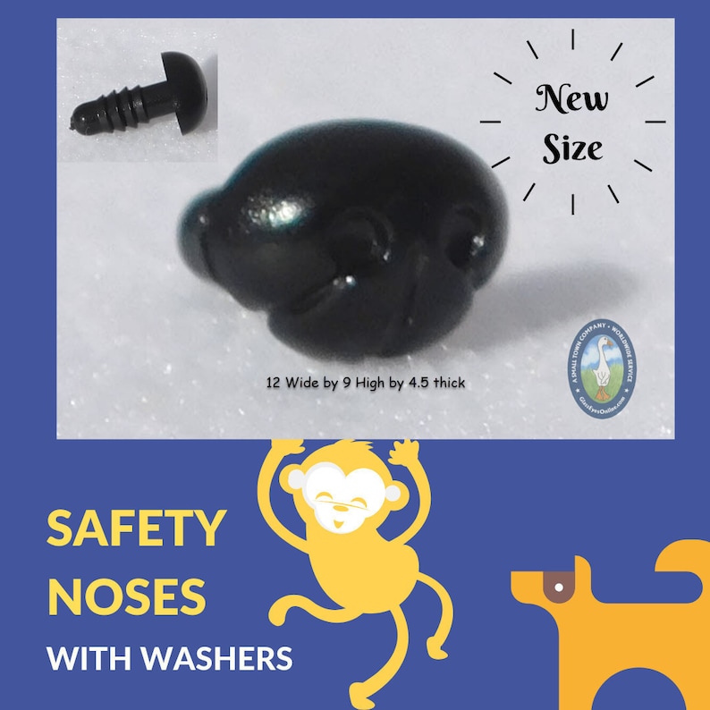 May include: Black plastic safety eyes with washers, measuring 1.2 inches wide by 0.9 inches high and 0.45 inches thick. The eyes are designed for use in stuffed animals and crafts. The text "New Size" is visible in the image.