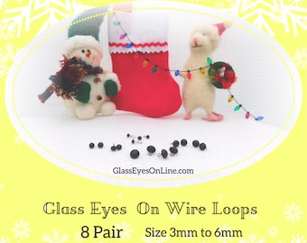 8 Pair Glass Eyes Sew On Wire Loops Black Asst. Sizes 3mm to 6mm Needle Felting Sewing Holiday Ornament Snow Man Reindeer (Santa Stocking)