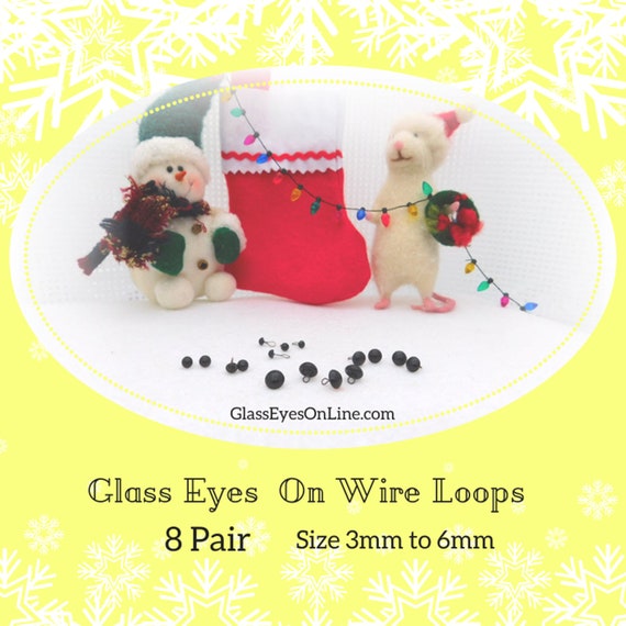 8 Pair Glass Eyes Sew On Wire Loops Black Asst. Sizes 3mm to 6mm Needle Felting Sewing Holiday Ornament Snow Man Reindeer (Santa Stocking)