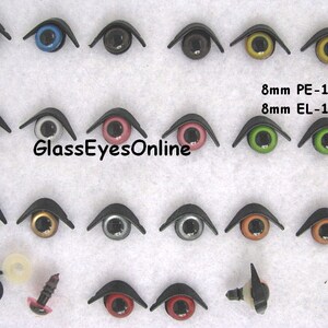 May include: Assortment of 8mm plastic safety eyes for crafts, with black, blue, brown, gold, gray, green, pink, and red irises.  The eyes come with black plastic washers and screw backs.  The image also shows the text "GlassEyesOnline" and "8mm PE-1 8mm EL-1".