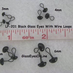 May include: Black glass eyes with wire loops in various sizes: 3mm, 4mm, 5mm, and 6mm. The eyes are displayed on a white surface with a ruler for size reference. The text "LP-201 Black Glass Eyes With Wire Loops" and "GlassEyesOnLine" are visible in the image.