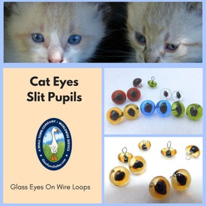 6 PAIR Glass Eyes with SLIT Pupil Sew On Wire Loops Size 6mm to 12mm Needle Felting, Sewing, Polymer Clay, Cats, Dragons, Frogs, SLP-201