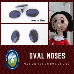May include: Three black oval plastic eyes with a shiny finish. The eyes are 30mm to 37mm in size. The eyes are used for crafts and doll making.