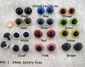 May include: Assortment of 24mm safety eyes in various colors, including black, blue, orange, gold, silver, green, white, red, yellow, clear, pink, and brown. #PE-1 24mm Safety Eyes