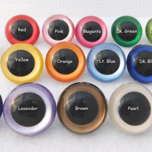 May include: Assortment of 15 colorful plastic safety eyes for crafts. The eyes are available in red, pink, magenta, dark green, light green, yellow, orange, light blue, dark blue, aqua, purple, lavender, brown, pearl, and rust.