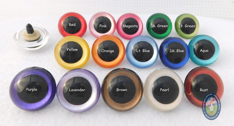 May include: Assortment of 15 colorful plastic safety eyes for crafts. The eyes are available in red, pink, magenta, dark green, light green, yellow, orange, light blue, dark blue, aqua, purple, lavender, brown, pearl, and rust.