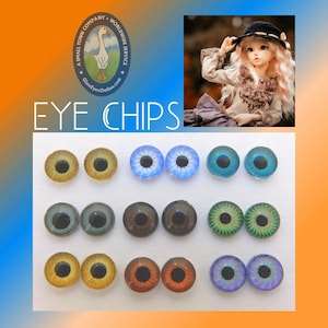 May include: Assortment of 12 glass eye chips for doll making. The eye chips are in various colours, including blue, green, brown, and yellow. Each eye chip has a black pupil.