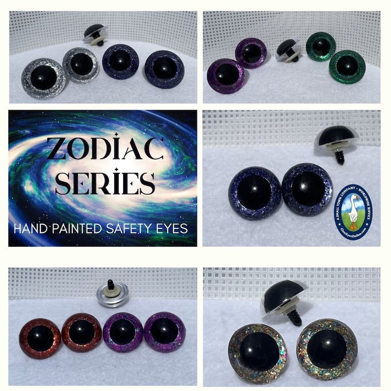 May include: Set of hand-painted safety eyes for crafts. The eyes are black with glitter accents and come in a variety of colors, including silver, purple, green, blue, and red. The eyes are labeled "Zodiac Series".