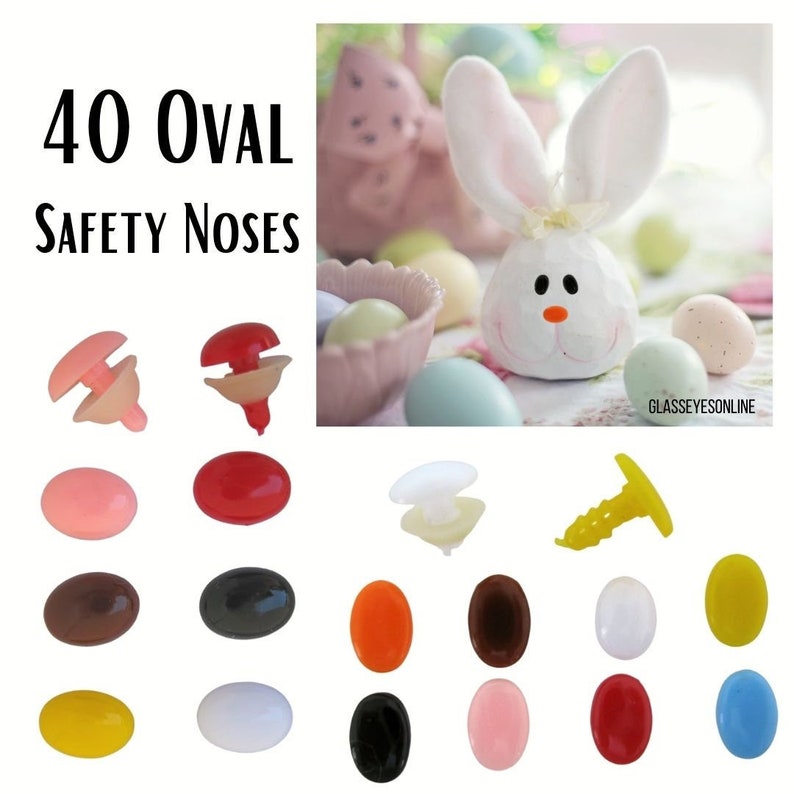 May include: 40 oval safety noses in various colors, including pink, red, brown, black, orange, white, yellow, and blue. The noses are shown in a grid pattern with a close-up of the back of the nose.