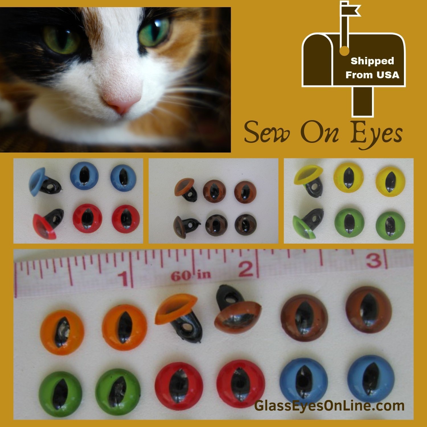 6 PAIR Sew on Eyes Plastic Cat Eyes Choose Size & Color for