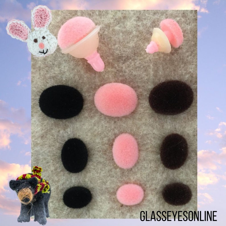 May include: Assortment of black and pink fuzzy craft eyes in various sizes, perfect for adding a whimsical touch to your next craft project.  The eyes are displayed on a beige felt background.  The text "GLASSEYESONLINE" is visible in the bottom right corner of the image.