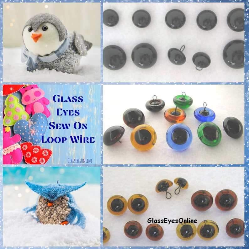 May include: Assortment of glass eyes for crafts, with black, brown, blue, and green colors. The eyes have a loop wire for sewing on. The text "Glass Eyes Sew On Loop Wire" and "GlassEyesOnline" are visible in the image.