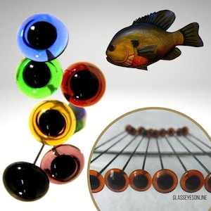 May include: Assortment of colorful glass eyes for crafts, taxidermy, and doll making. The eyes are on pins and come in various sizes. The image also shows a close-up of a row of brown glass eyes on pins.