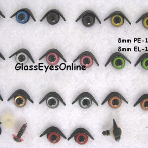 Puede incluir: Surtido de ojos de seguridad de pl&aacute;stico de 8 mm en varios colores, incluyendo negro, azul, verde, dorado, plateado, rojo y marr&oacute;n. Los ojos est&aacute;n dise&ntilde;ados para su uso en proyectos de manualidades, como animales de peluche y mu&ntilde;ecas. La imagen tambi&eacute;n incluye un primer plano de un solo ojo con una parte posterior de tornillo.