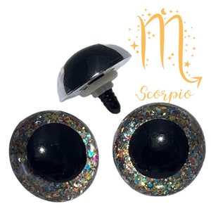 May include: Two black and silver glitter safety eyes with a silver screw back. The eyes are surrounded by a colorful glitter ring. The image also includes a silver screw back safety eye.