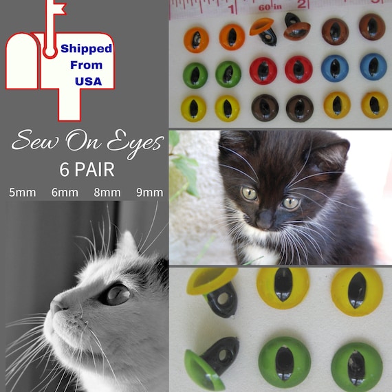 6 PAIR Sew on Acrylic Cat Eyes Choose Size and Color Slit Pupil
