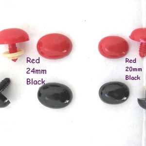 May include: Assortment of plastic safety eyes for crafts.  The eyes are available in red and black, and in two sizes: 24mm and 20mm.  Red 24mm Black. Red 20mm Black.