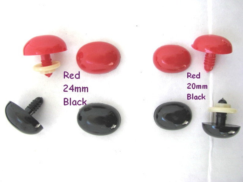 May include: Assortment of plastic safety eyes for crafts.  The eyes are available in red and black, and in two sizes: 24mm and 20mm.  Red 24mm Black. Red 20mm Black.