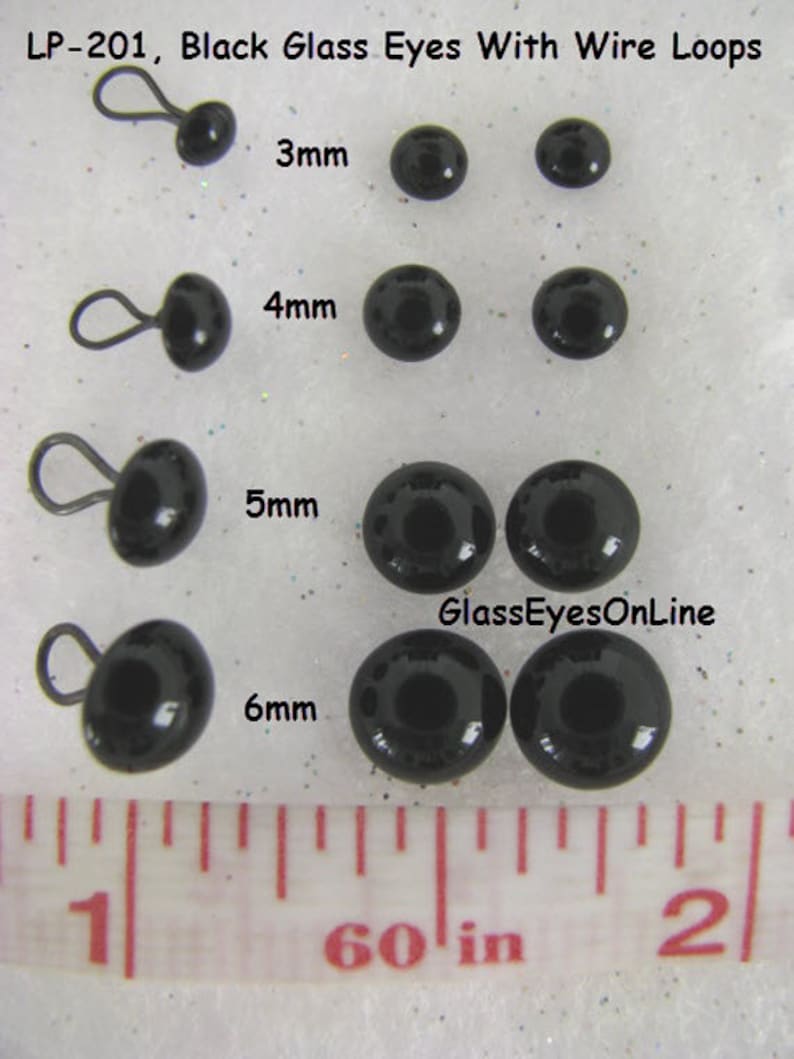 18 PAIR Black Glass Eyes with Wire Loops Assorted Sizes 3mm to 8mm for teddy bears, dolls, sculpture, needle felting, sewing LP-201 image 5