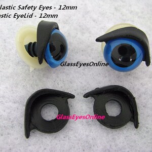 May include: Two blue plastic safety eyes with black pupils and black plastic eyelids. The eyes are 12 mm in diameter. #PE-1 Plastic Safety Eyes - 12mm EL-1 Plastic Eyelid - 12mm GlassEyesOnline