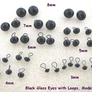 18 PAIR Black Glass Eyes with Wire Loops Assorted Sizes 3mm to 8mm for teddy bears, dolls, sculpture, needle felting, sewing LP-201 image 2