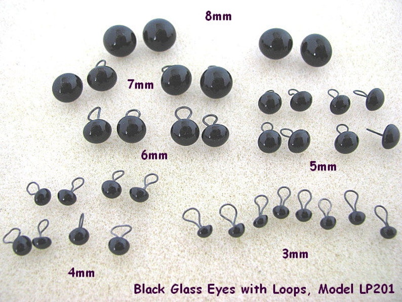 18 PAIR Black Glass Eyes with Wire Loops Assorted Sizes 3mm to 8mm for teddy bears, dolls, sculpture, needle felting, sewing LP-201 image 2