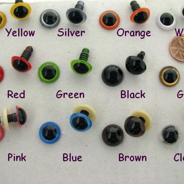 12 PAIR 14mm or 15mm or 16mm Plastic Safety Eyes with washers Choose ONE Color for dolls, teddy bears, sewing, crochet projects (PE-1)