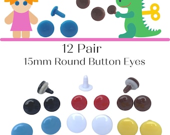 May include: Twelve pairs of 15mm round plastic safety eyes in various colors, including black, red, brown, blue, white, and yellow. The eyes have a plastic washer and a screw back.  The image also shows a doll and a toy dinosaur.