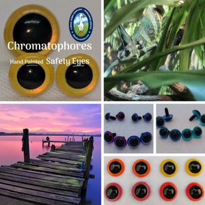 May include: Assortment of colorful plastic safety eyes with black pupils. The eyes are available in a variety of sizes and colors, including yellow, blue, green, and red. The eyes are perfect for adding a touch of whimsy to your craft projects.
