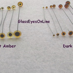 May include: Assortment of light and dark amber glass eyes on wire pins. The eyes are arranged in size order from smallest to largest. The text "GlassEyesOnLine" is printed in the center of the image. The text "Light Amber" is printed below the light amber eyes and the text "Dark Amber" is printed below the dark amber eyes.