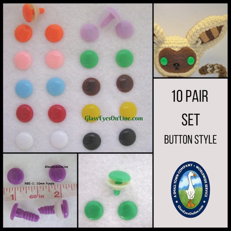 K&ouml;nnte beinhalten: Ein Set mit 10 Paaren 10 mm gro&szlig;en Sicherheitsaugen im Knopf-Stil in verschiedenen Farben, darunter Orange, Rosa, Gr&uuml;n, Braun, Gelb, Rot, Wei&szlig;, Schwarz und Lila. Die Augen sind auf einem wei&szlig;en Hintergrund mit einem Lineal und einem kleinen Stofftier mit gr&uuml;nen Augen abgebildet.