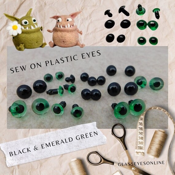 6 Pair Sew on Plastic Eyes 6mm or 8mm Solid Black & Emerald Green