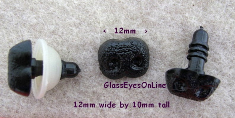 May include: Black plastic safety eyes for crafts, measuring 12 mm wide by 10 mm tall.  The eyes are designed for sewing onto stuffed animals, dolls, and other projects.  The eyes have a flat back and a small post for easy attachment.