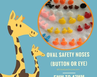 Peut inclure: Assortiment de nez de sécurité ovales de différentes couleurs, dont le rose, le jaune, l'orange, le rouge, le blanc, le marron et le noir. Les nez sont en plastique et ont un dos à visser. Les tailles varient de 5 mm à 47 mm.  @GlassEyesOnline.com