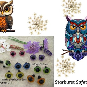May include: Assortment of colorful plastic safety eyes with starburst irises. The eyes are arranged in rows on a white surface. The text "Safety Eyes With Starburst Iris STBE - 1" is visible at the bottom of the image.
