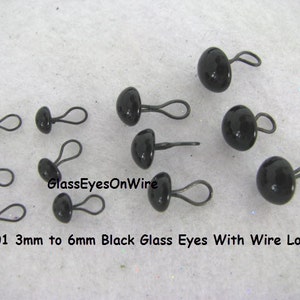 May include: Assortment of black glass eyes with wire loops, ranging in size from 3mm to 6mm.  LP-201 3mm to 6mm Black Glass Eyes With Wire Loops