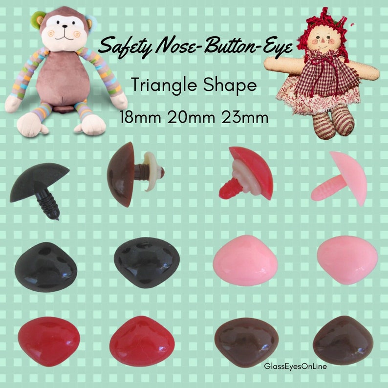 Pode incluir: Conjunto de olhos e narizes de seguran&ccedil;a de forma triangular em v&aacute;rias cores, incluindo preto, marrom, vermelho e rosa. Os tamanhos s&atilde;o 18 mm, 20 mm e 23 mm. Os olhos e narizes de seguran&ccedil;a s&atilde;o usados para projetos de artesanato, como animais de pel&uacute;cia e bonecas.