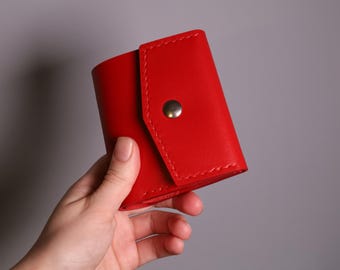 Cartera de cuero rojo: Monedero de mujer hecho a mano, tarjetero compacto