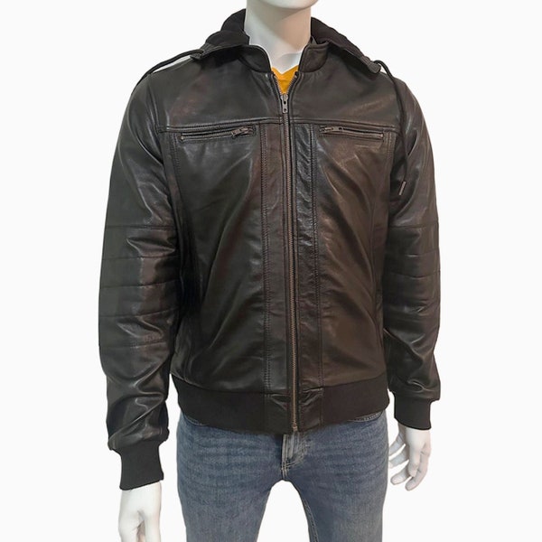 Lamb Leather Bomber Jacket Detachable Hood Men