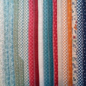 May include: A close-up of a fabric strip quilt with various patterns and colors, including white, blue, green, red, orange, and brown.