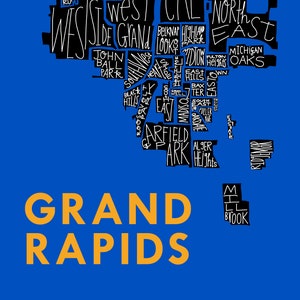 Grand Rapids City Neighborhood Hand-Drawn Map Print bg-blue text-gold