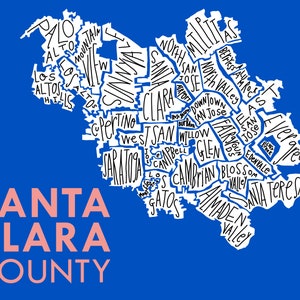 Santa Clara County Silicon Valley Hand-Drawn Map Print bg-blue text-red