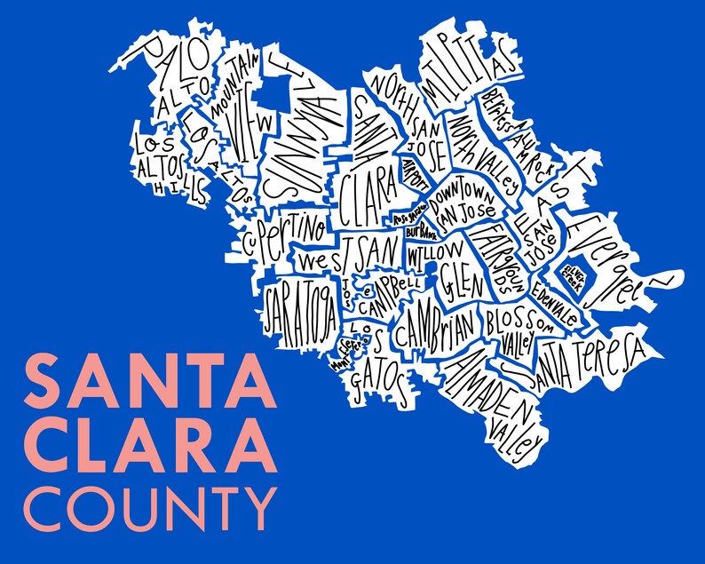 Santa Clara County Silicon Valley Hand-Drawn Map Print bg-blue text-red