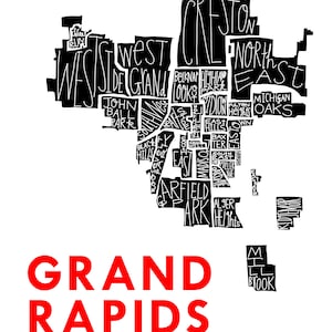 Grand Rapids City Neighborhood Hand-Drawn Map Print bg-white text-red