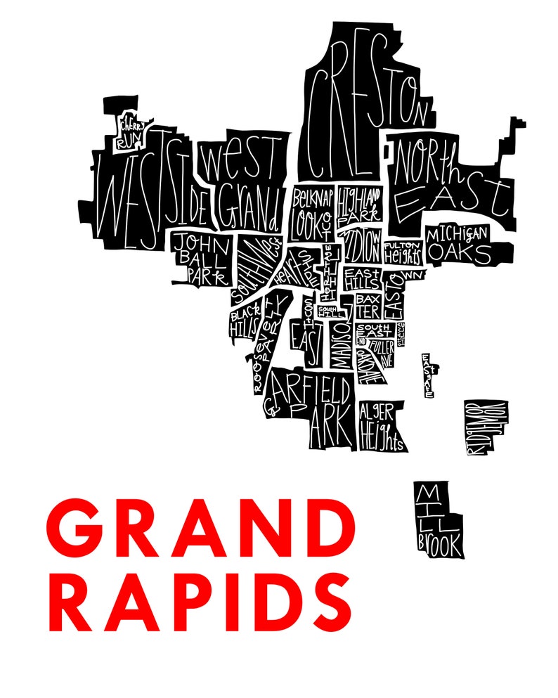 Grand Rapids City Neighborhood Hand-Drawn Map Print bg-white text-red